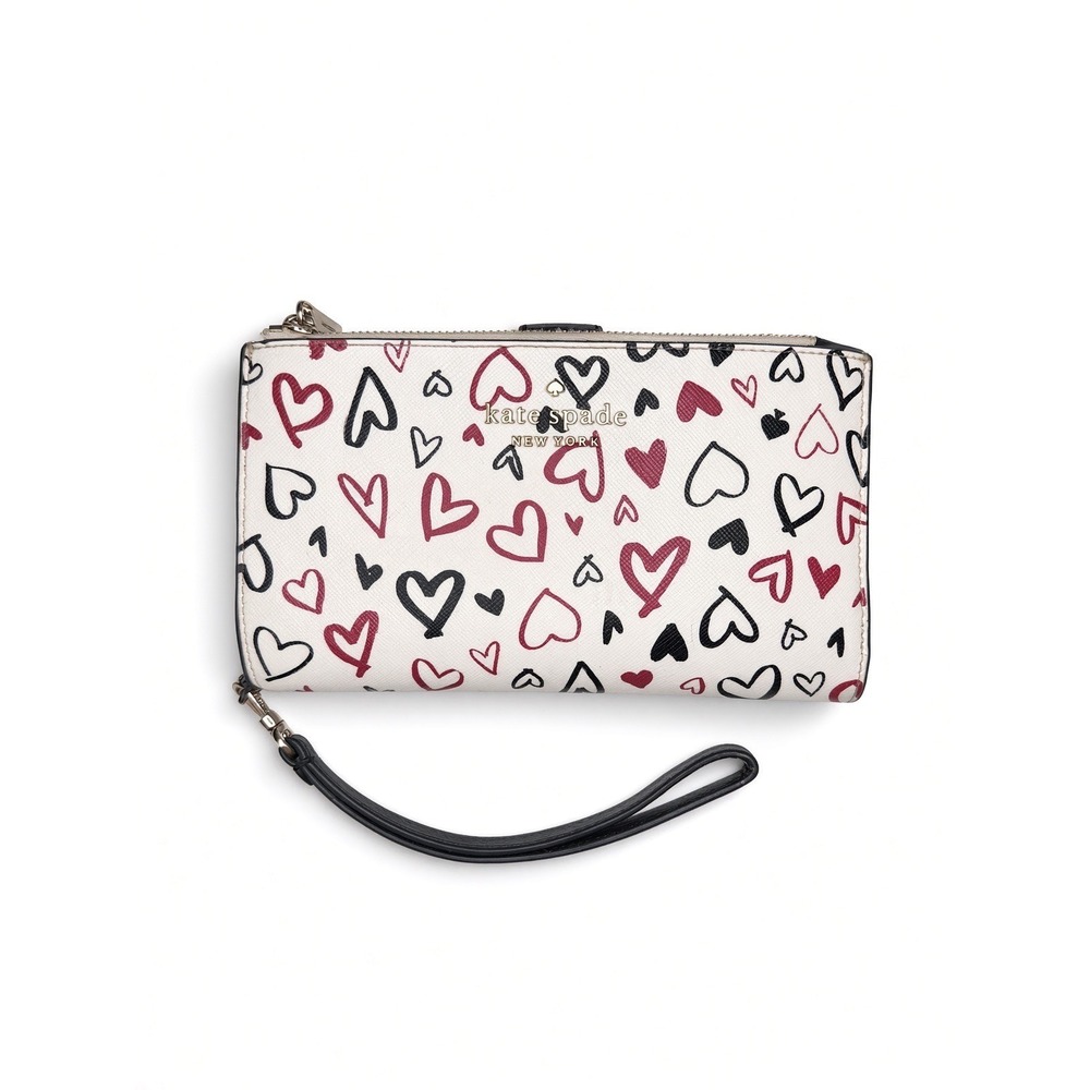 Kate Spade Heart Print Leather Phone Wristlet Wallet White Black Red